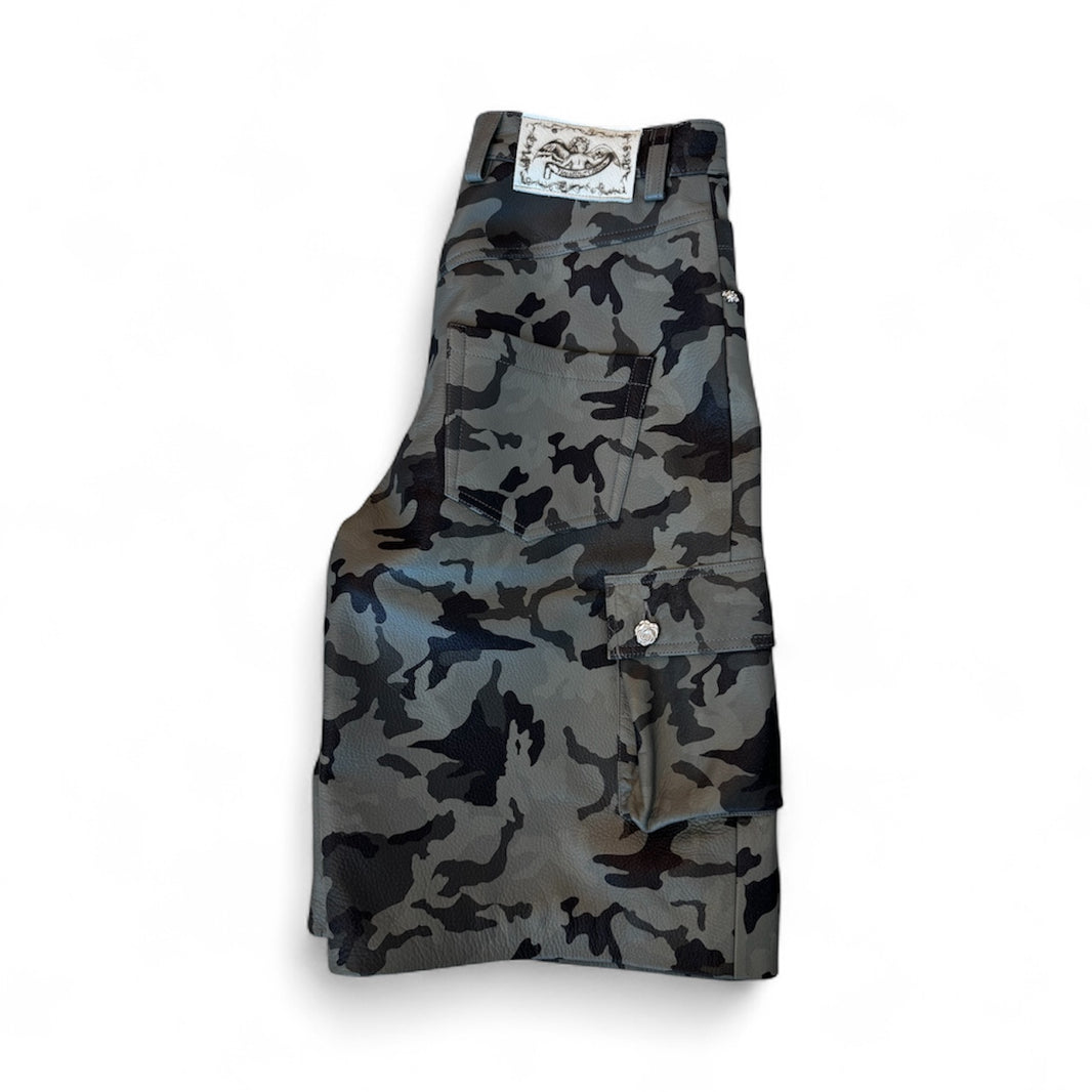 Grey Camo Leather Shorts